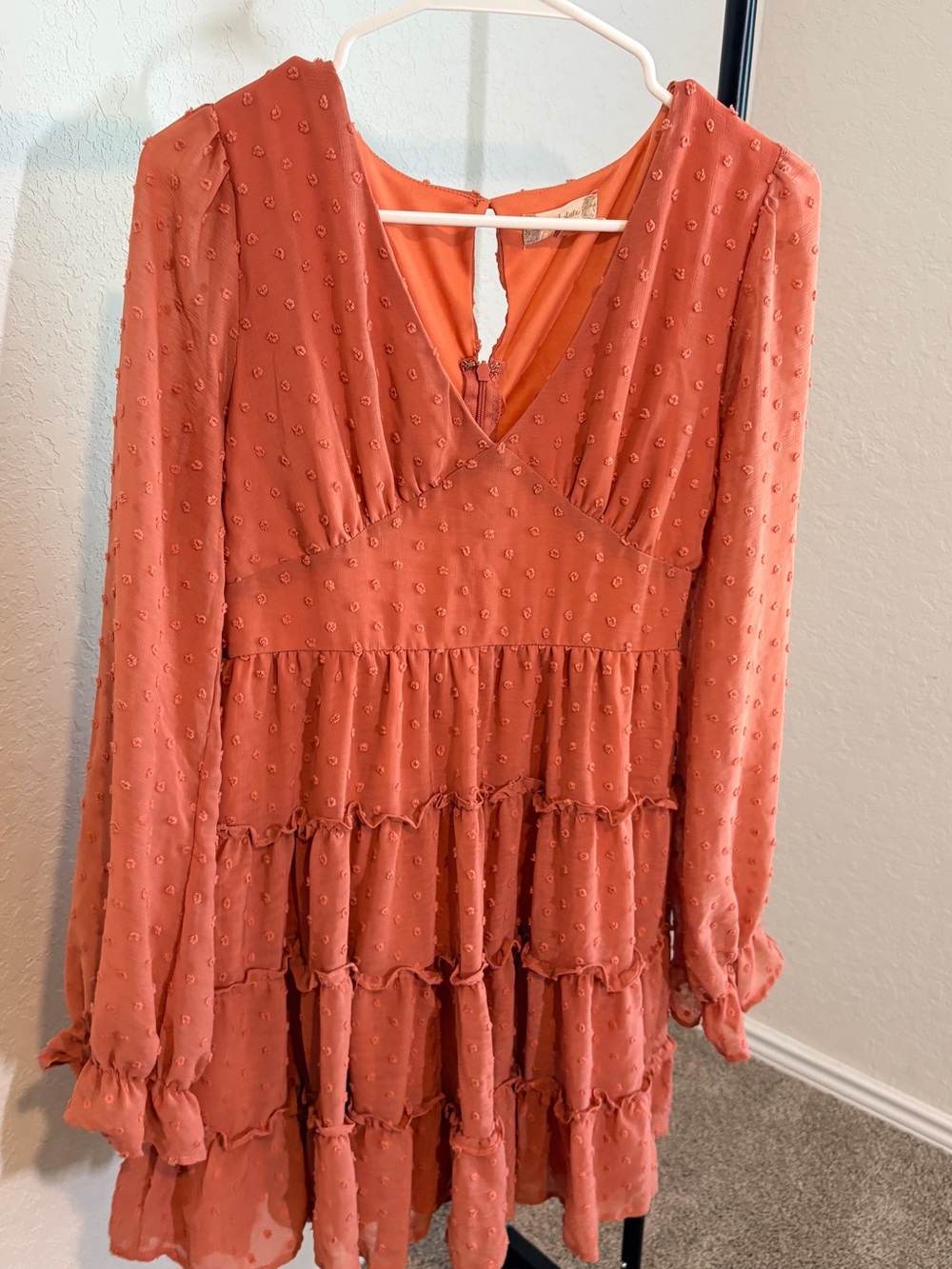 Altar'd State Boho Burnt Orange Tiered Long-Sleeve V-Neck Dress